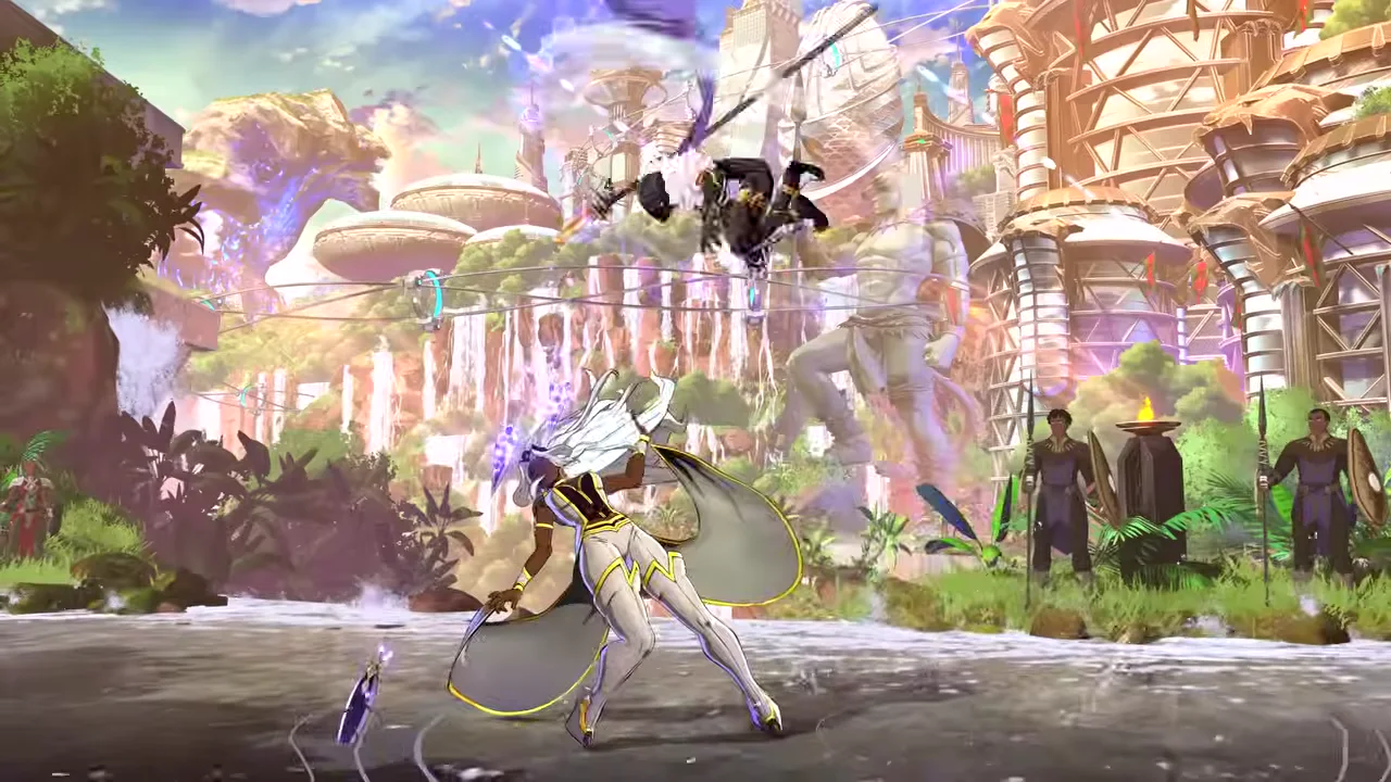 Shuri as Black Panther in her black-and-gold suit with white cape, leaping with the Spear of Bashenga on the Wakanda stage, cel-shaded in Arc System Works style.