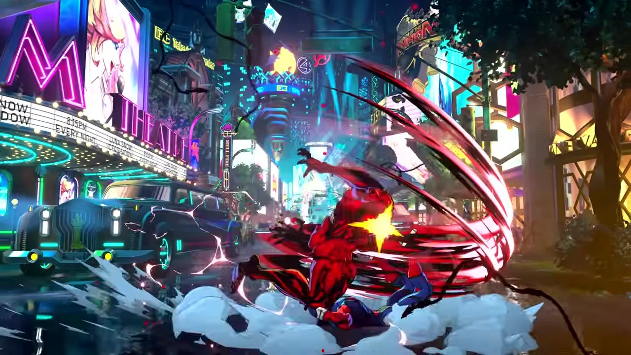 Carnage morphing symbiote tendrils into blades, cel-shaded in Arc System Works style.