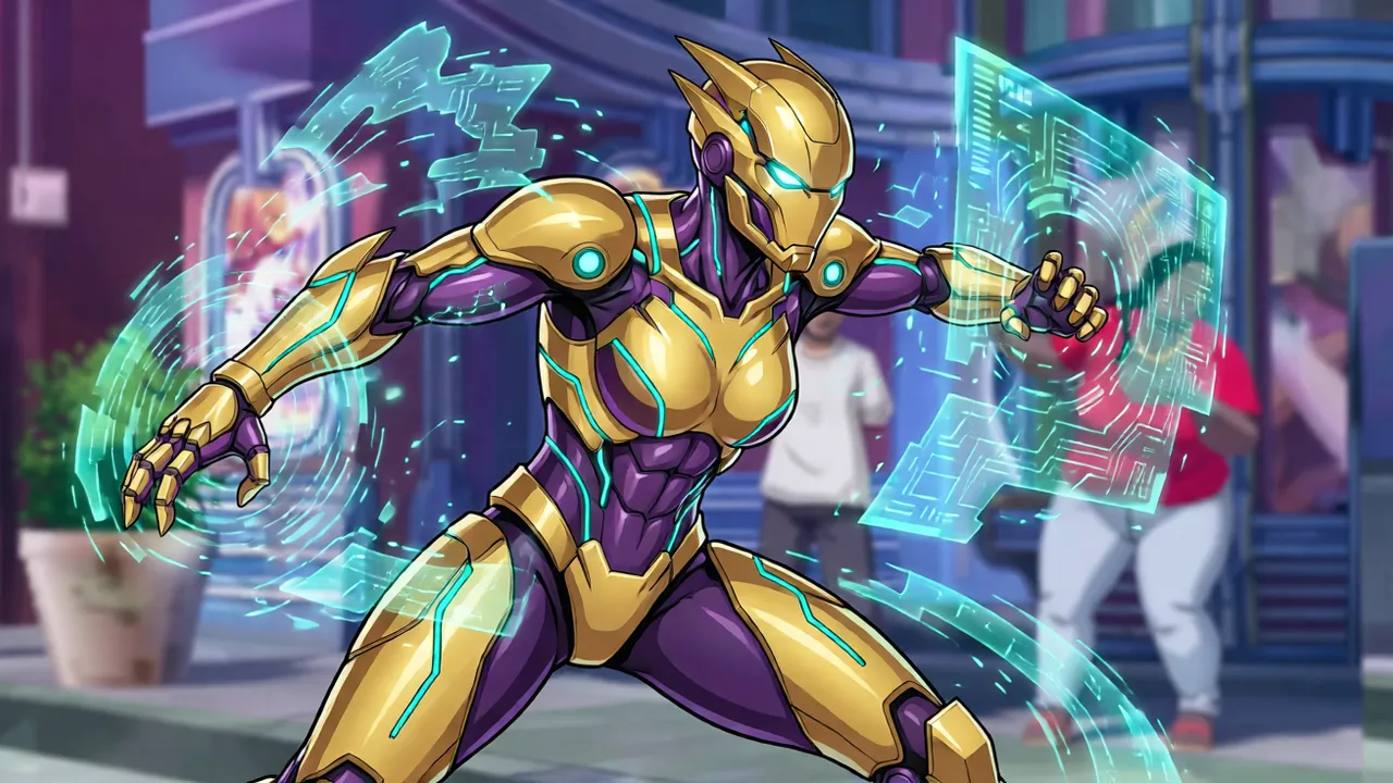 Danger manifesting holographic constructs around her robotic form, cel-shaded in Arc System Works style.