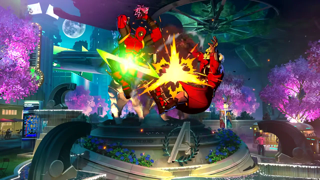 Deadpool lunging with a sword drawn against an opponent on a cherry-blossom stage, cel-shaded in Arc System Works style.