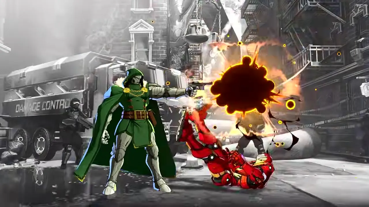 Doctor Doom standing imperiously with cape flowing, cel-shaded in Arc System Works style.