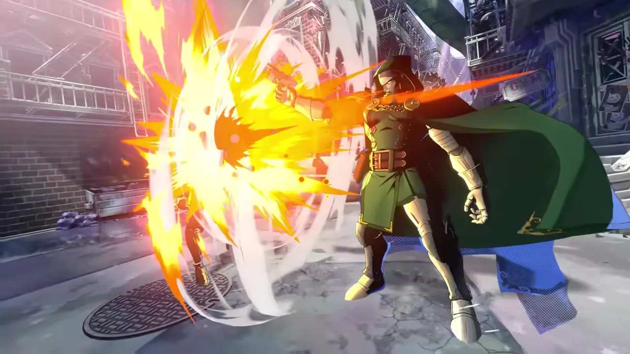 Ghost Rider Robbie Reyes wreathed in hellfire with chains, cel-shaded in Arc System Works style.
