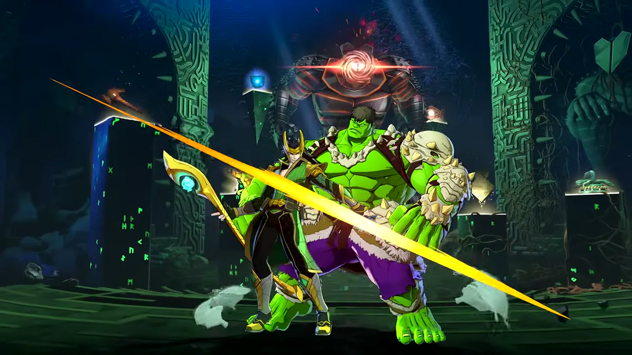 The green Hulk in purple trousers squaring up in an Asgardian temple, cel-shaded in Arc System Works style.