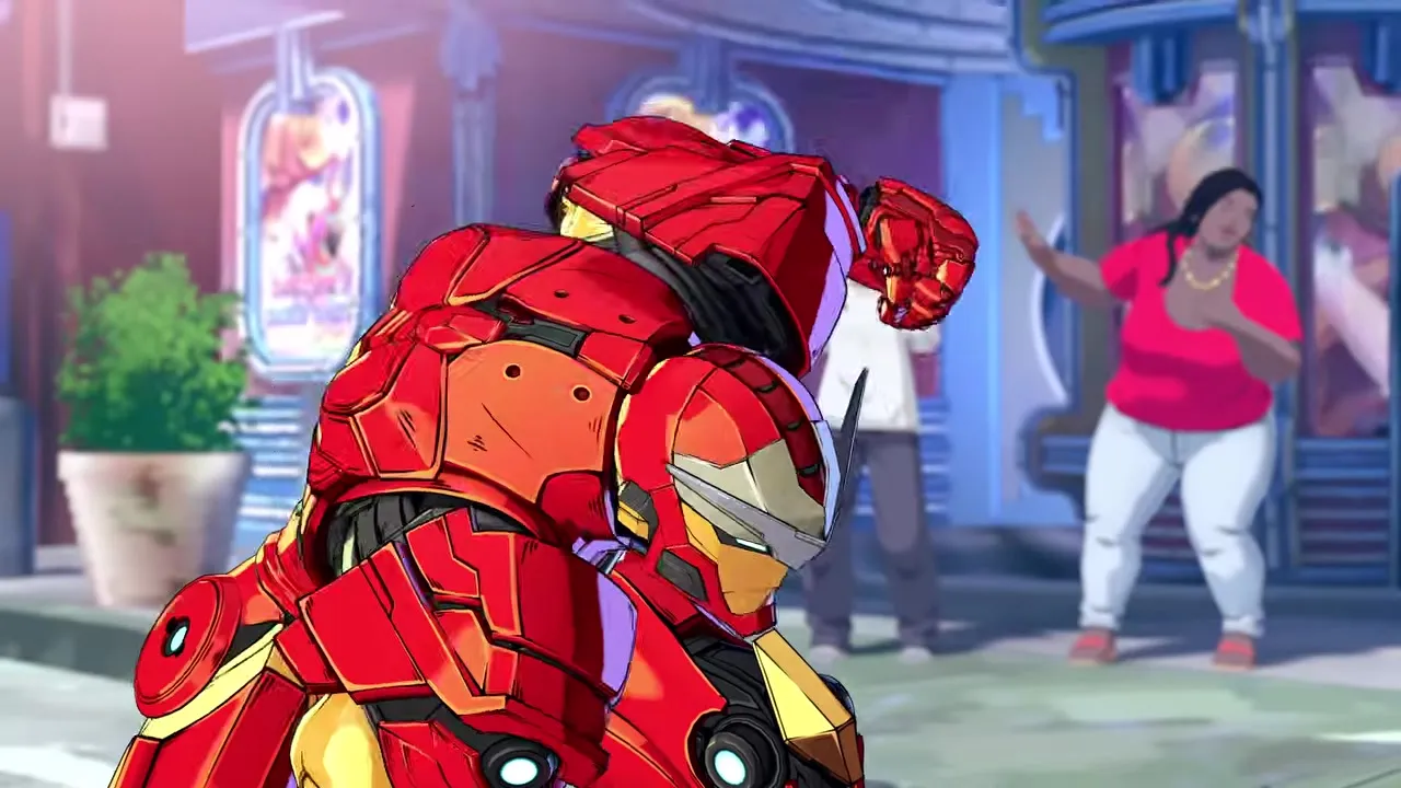 Iron Man hovering with repulsors charged, rendered in Arc System Works cel-shaded style.