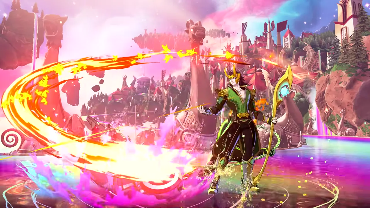 Loki in green-and-gold Asgardian armor drawing a fiery bow on the Asgard stage, cel-shaded in Arc System Works style.