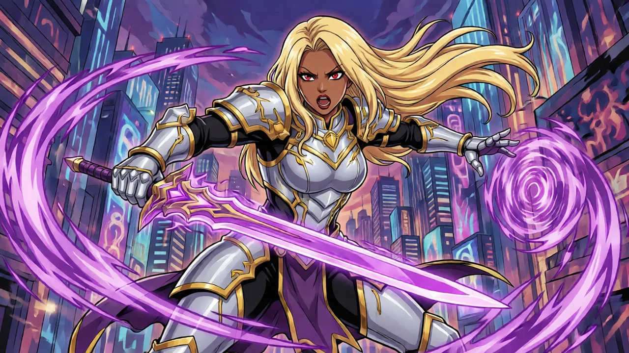 Magik wielding the Soulsword with a Limbo portal behind her, cel-shaded in Arc System Works style.