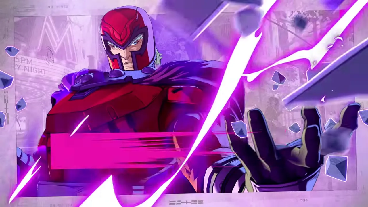 Magneto levitating with magnetic fields crackling around him, cel-shaded in Arc System Works style.