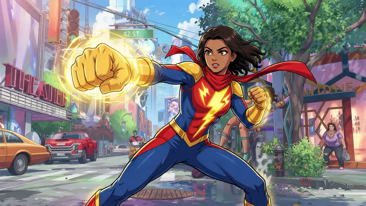 Ms. Marvel stretching her fists forward in combat, cel-shaded in Arc System Works anime-fighter style.