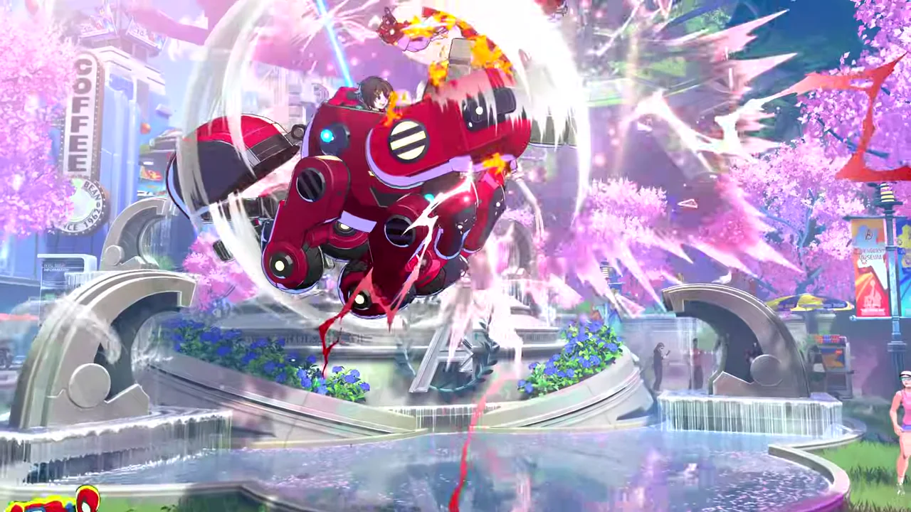 Peni Parker piloting her red SP//dr mech mid-leap on a cherry-blossom stage, cel-shaded in Arc System Works style.