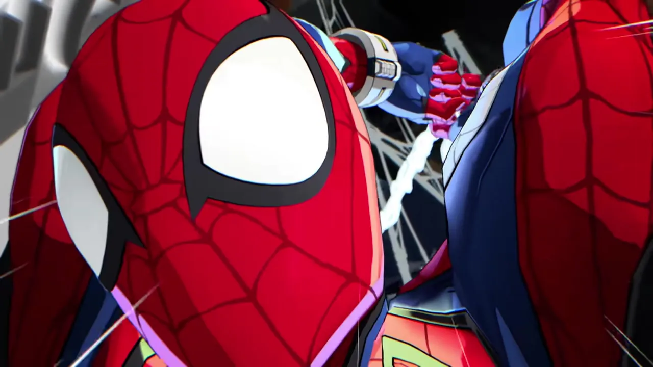 Spider-Man swinging into action in his classic red-and-blue suit, cel-shaded in Arc System Works style.