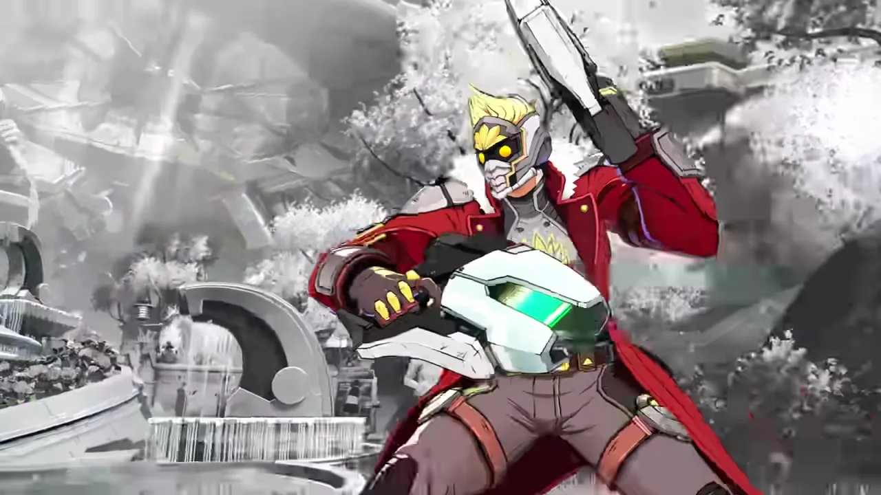 Star-Lord aiming his Element Guns with a smirk, cel-shaded in Arc System Works anime-fighter style.