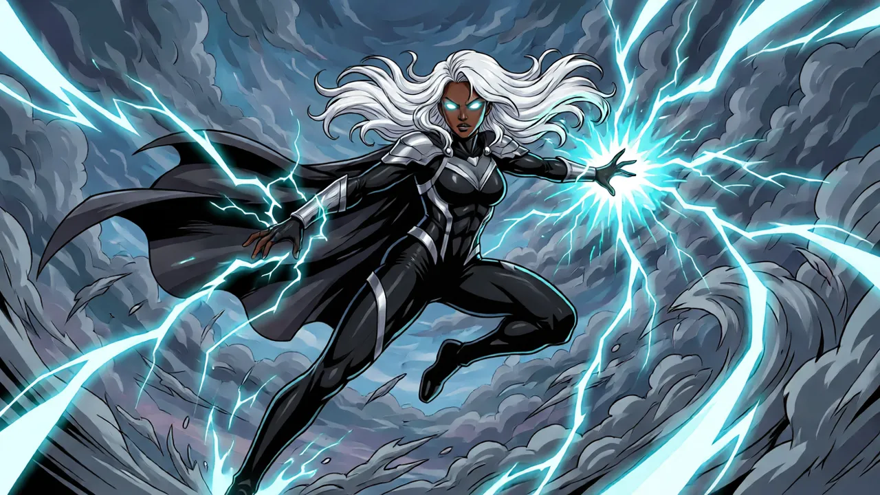 Storm commanding lightning in mid-air, white hair flowing, cel-shaded in Arc System Works style.