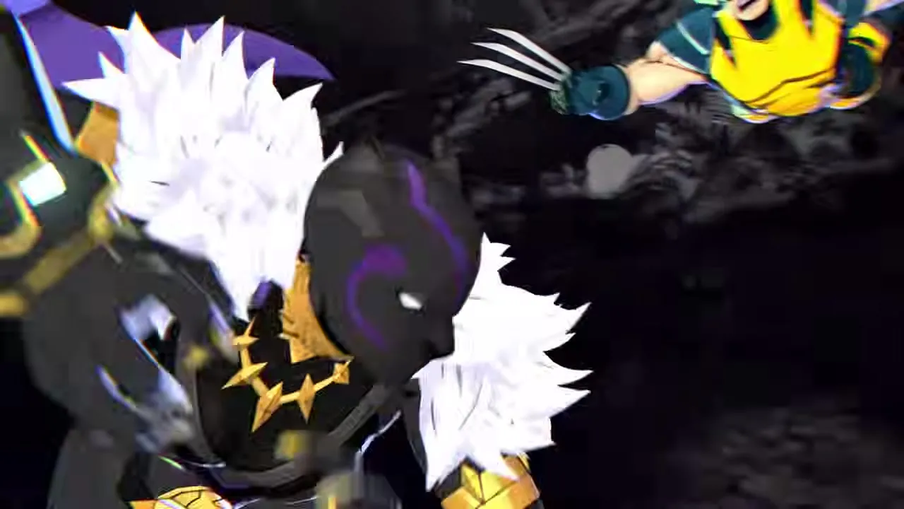 Wolverine lunging forward with adamantium claws extended, cel-shaded in Arc System Works style.