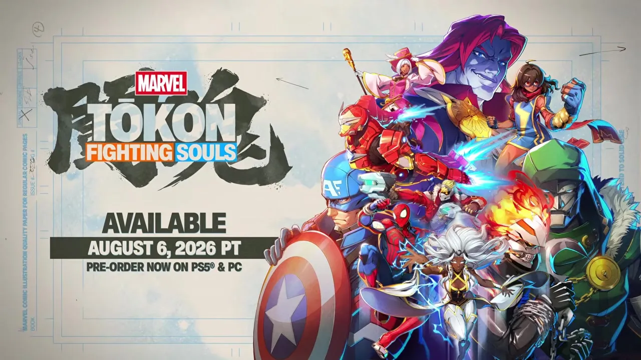 The full MARVEL Tōkon: Fighting Souls key art featuring Spider-Man, Iron Man, and the roster in dramatic combat poses.