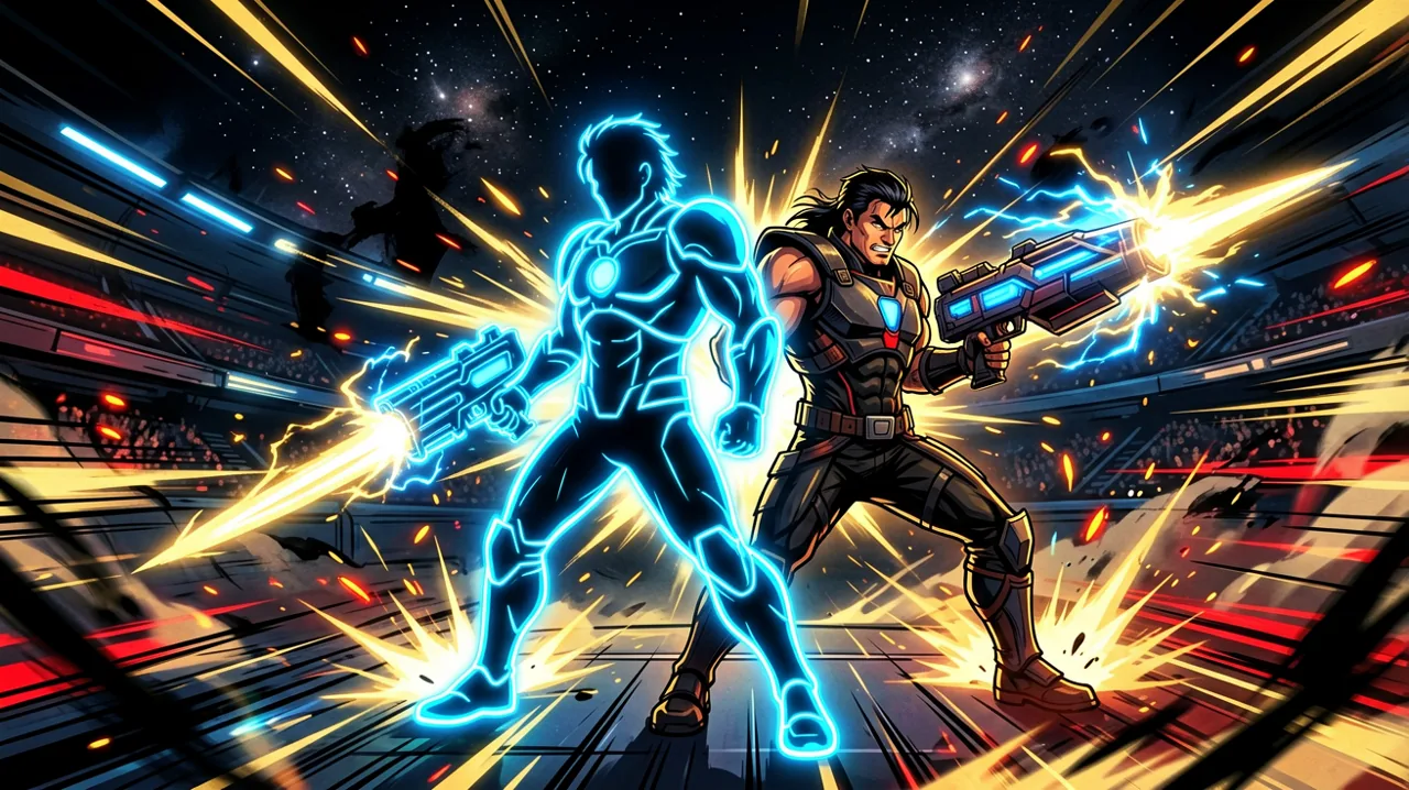 A stylized blue silhouette of Captain America with his shield and Star-Lord in a neon-lit arena.
