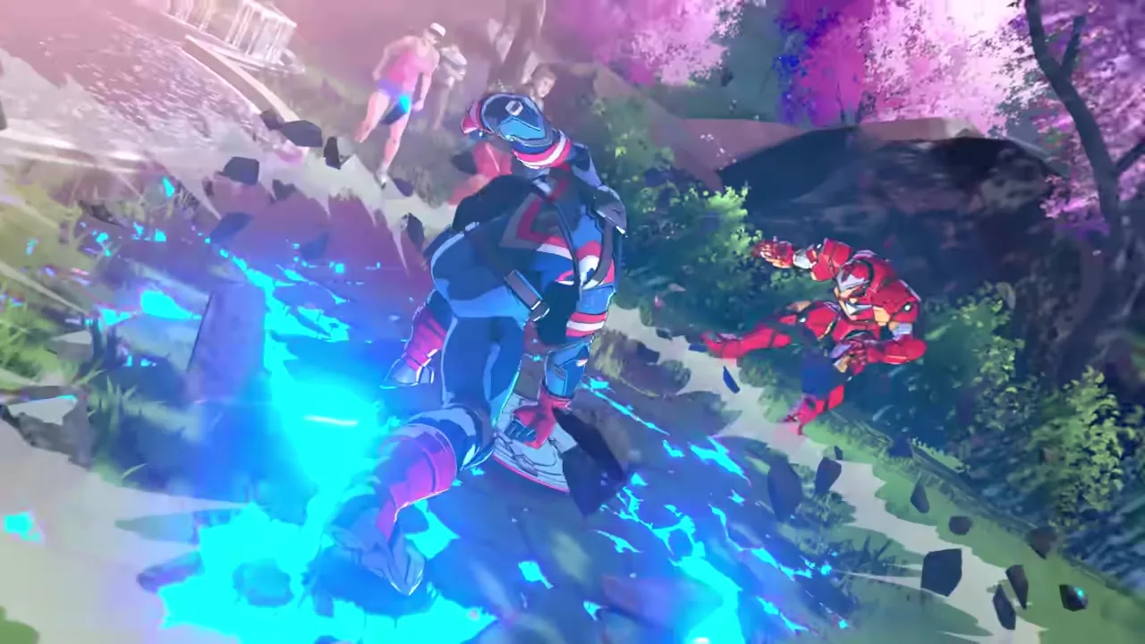 Original anime fighting game concept art depicting two generic fighter silhouettes clashing in a neon city arena, surrounded by shockwaves.