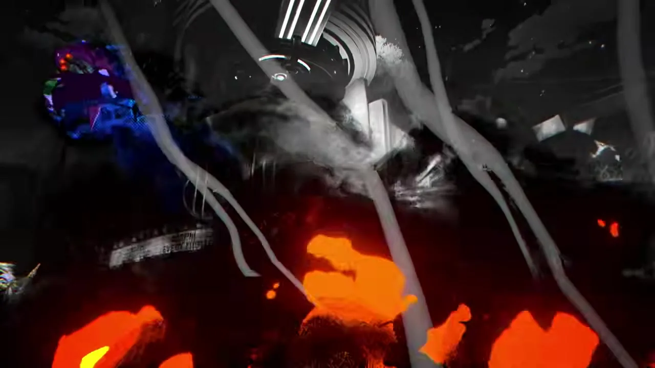 A star-spangled generic hero silhouette facing a massive cosmic elder silhouette in a shattered arena