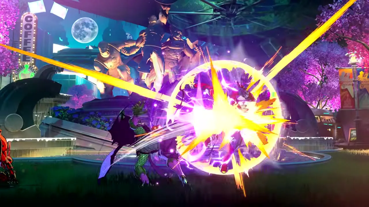 Four abstract glowing hero silhouettes in a tag team formation with dynamic energy trails, showcasing 4v4 switching mechanics.