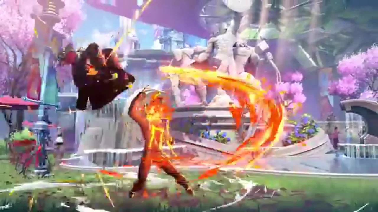 Abstract neon HUD and network graphs depicting an anime-style fighting game technical environment.