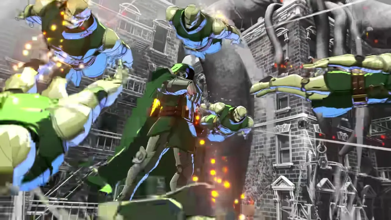Four Marvel fighters lined up in tag formation with glowing assist indicators behind each silhouette.